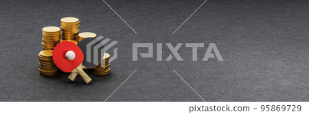 Ping-Pong ahead of Stacks of Coins on Dark Background Ping-Pong ahead of Stacks of Coins on Dark Background 95869729