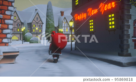 2023 Merry Christmas and Happy New Year 3d rendering. Santa Claus carries a bag with gifts. View of a small town or village on a winter night at Christmas. 2023 Merry Christmas and Happy New Year 3d rendering. Santa Claus carries a bag with gifts. View of a small town or village on a winter night at Christmas. 95869818