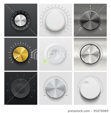 Volume dial knob, music amplifier regulator. Music player interface realistic vector rotate controller, stereo tuner volume level adjust analog 3d metal, golden and white plastic knob, wheel or switch 95870069