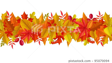 Seasonal background with autumn leaves and berries. November nature backdrop or border, autumn season fall vector abstract background. Thanksgiving wallpaper with marple, oak, rowan and birch leaves Seasonal background with autumn leaves and berries. November nature backdrop or border, autumn season fall vector abstract background. Thanksgiving wallpaper with marple, oak, rowan and birch leaves 95870094