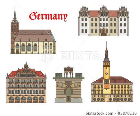 Germany buildings of Gorlitz and Bautzen, vector architecture. German travel landmark buildings of St Peter cathedral, Ortenburg castle and Holy Sepulchre, Rathaus or town hall in Saxony Germany buildings of Gorlitz and Bautzen, vector architecture. German travel landmark buildings of St Peter cathedral, Ortenburg castle and Holy Sepulchre, Rathaus or town hall in Saxony 95870110