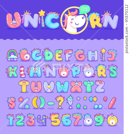 Cartoon unicorn font, magic type or typeface, vector letters of baby text alphabet. Pink funny princess unicorn font or girl typography type with cute cartoon fairy characters, kid dream typeface Cartoon unicorn font, magic type or typeface, vector letters of baby text alphabet. Pink funny princess unicorn font or girl typography type with cute cartoon fairy characters, kid dream typeface 95870112