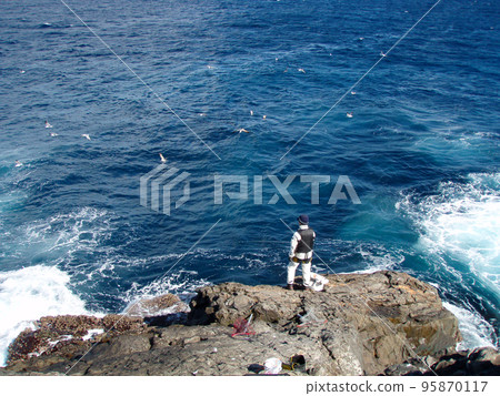 在南伊豆近海“橫根”進行岸釣。一個美麗的釣魚點，擁有晴朗的天空和深藍色的海面。 95870117