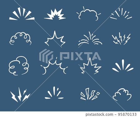 Cartoon doodle bomb explosion, comic clouds and smoke boom bubbles, vector icons. Doodle bomb explosion burst and blast puff effects, dynamite TNT or atomic bomb mushroom explode and crash icons 95870133