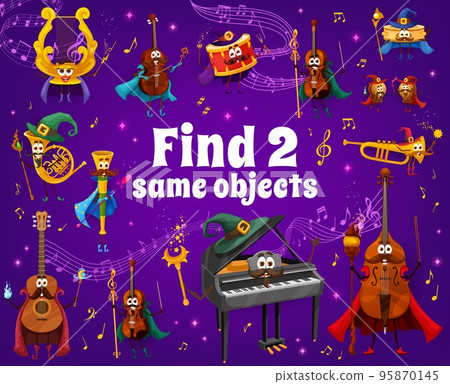 Find two same magic musical instrument characters in sound music waves, vector quiz. Kids puzzle to find same cartoon music instrument, violin wizard, trumpet sorcerer and piano witch with magic wand 95870145