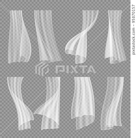 White window veil curtain in wind on transparent background, realistic vector. Curtains of veil fabric or silk cloth drapery, hanging tulle tissue veils for wedding frame or interior drapes with folds 95870157