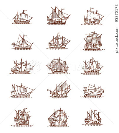 Isolated vintage sail ships and sailboats. Old vessel sketches of ancient nautical map. Vector sailing boats and ships, old caravels, antique galleons, yacht and frigates with sea waves, sails, ropes 95870178