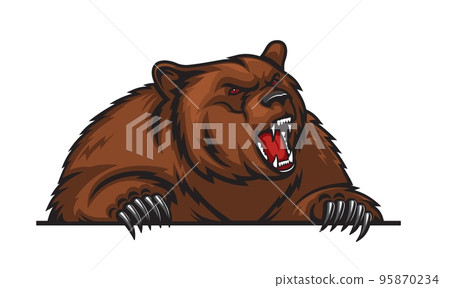 Grizzly bear mascot with claws, angry animal for sport team. Vector grizzly bear predator for school sport club or college and gym emblem of wild aggressive grizzly bear roaring Grizzly bear mascot with claws, angry animal for sport team. Vector grizzly bear predator for school sport club or college and gym emblem of wild aggressive grizzly bear roaring 95870234