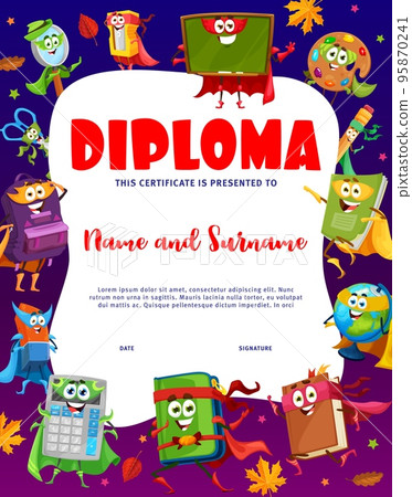 Kids diploma cartoon school stationery superhero characters. Vector educational certificate with funny rucksack, book, blackboard and magnifier. Calculator, pencil case, eraser, notebook and globe Kids diploma cartoon school stationery superhero characters. Vector educational certificate with funny rucksack, book, blackboard and magnifier. Calculator, pencil case, eraser, notebook and globe 95870241