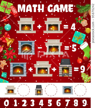 Christmas fireplaces and hearth math game worksheet. Vector educational riddle for children with christmas tree, gifts, fireplace and sock, cookies and xmas decor. Learn to count mathematics task Christmas fireplaces and hearth math game worksheet. Vector educational riddle for children with christmas tree, gifts, fireplace and sock, cookies and xmas decor. Learn to count mathematics task 95870242