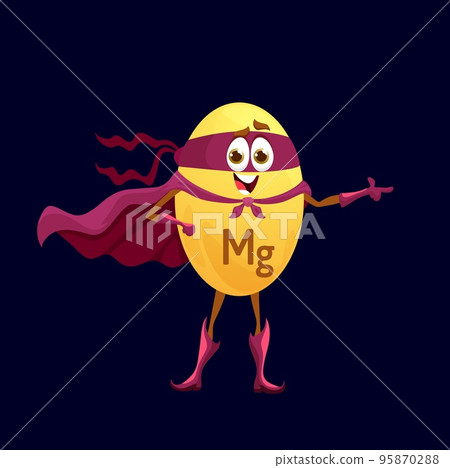 Cartoon magnesium superhero character. Isolated vector funny Mg fairytale nutrient defender personage. Mineral or micronutrient bubble in red super hero cloak and mask, comic food supplement capsule Cartoon magnesium superhero character. Isolated vector funny Mg fairytale nutrient defender personage. Mineral or micronutrient bubble in red super hero cloak and mask, comic food supplement capsule 95870288