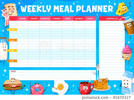 Weekly meal planner, breakfast and dairy cartoon characters, vector food plan schedule. Eating organizer and weekly diet meal plan or week shopping list with egg and bacon sandwich, coffee and pancake Weekly meal planner, breakfast and dairy cartoon characters, vector food plan schedule. Eating organizer and weekly diet meal plan or week shopping list with egg and bacon sandwich, coffee and pancake 95870327