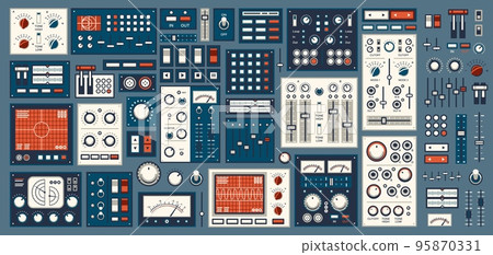 Retro dashboard. Control panel dial, switch, knob buttons. Spaceship console, electronic UI and airplane vintage switches, music recording studio slider, lab equipment computer display, monitor screen 95870331