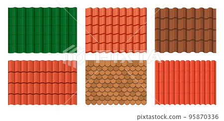 Roof tile background. Home rooftop terracotta ceramic tile patterns, architecture clay brick surface or vector backgrounds. Building roof metal or ceramic sheet material textures set 95870336