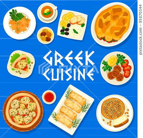 Greek cuisine restaurant food menu cover template. Sweet bread Vasilopita, pasta Hilopites and casserole Moussaka, pie Ladenia, meatballs Keftedes and fish roe dip Taramasalata, fried feta cheese 95870344