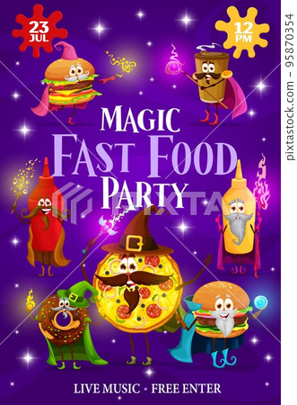 Halloween magic party flyer, fast food cartoon wizard and mage characters. Vector poster with funny burger, coffee cup, ketchup and mustard bottles, pizza and donut take away fastfood meal sorcerers Halloween magic party flyer, fast food cartoon wizard and mage characters. Vector poster with funny burger, coffee cup, ketchup and mustard bottles, pizza and donut take away fastfood meal sorcerers 95870354