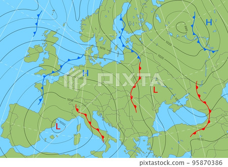 Forecast weather isobar map of Europe. Wind front, temperature and cyclones diagram. Climatology background, climate infographics, synoptic weather forecast vector isobar map of Europe 95870386
