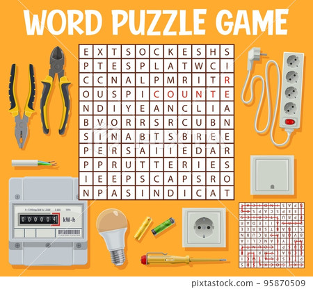 Electrician tools and equipment, word search puzzle game, vector worksheet. Riddle game to search word in grid with electrician tools, pliers and nippers, socket extension and voltage indicator Electrician tools and equipment, word search puzzle game, vector worksheet. Riddle game to search word in grid with electrician tools, pliers and nippers, socket extension and voltage indicator 95870509