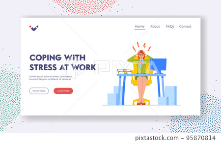 Coping with Stress at Work Landing Page Template. Stressed Businesswoman Sit with Flashes and Exclamation Marks Coping with Stress at Work Landing Page Template. Stressed Businesswoman Sit with Flashes and Exclamation Marks 95870814