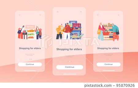 Shopping for Elders Mobile App Page Onboard Screen Template. Happy Senior Man and Woman Choose with Products in Store Shopping for Elders Mobile App Page Onboard Screen Template. Happy Senior Man and Woman Choose with Products in Store 95870926