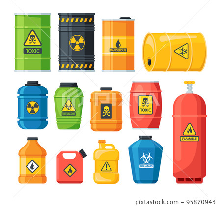 Set of Different Containers With Hazard Explosive Chemical Liquid. Toxic Compressed Gas And Oil, Isolated Safety Tanks Set of Different Containers With Hazard Explosive Chemical Liquid. Toxic Compressed Gas And Oil, Isolated Safety Tanks 95870943