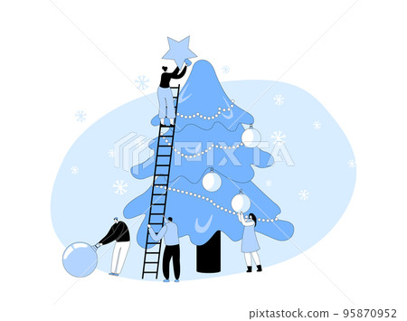 New Year Celebrating Concept. Happy Tiny People Decorate Huge Christmas Tree Together Prepare for Winter Celebration 95870952