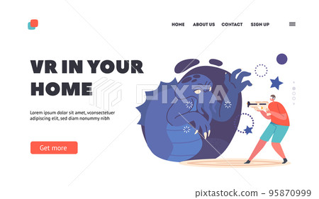 Virtual Reality Games Landing Page Template. Teenager in VR Glasses Playing in Augmented Space, Teen Fight with Monster 95870999
