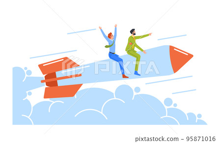 Cheerful Business Men Characters Flying Up by Rocket Engine. Office Workers Career Boost, Start Up Launch, Leadership Cheerful Business Men Characters Flying Up by Rocket Engine. Office Workers Career Boost, Start Up Launch, Leadership 95871016