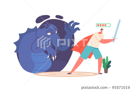 Virtual Reality Games Concept. Male Character Wear Knight Cape With Sword In Hand Fighting With Creepy Cyber Monster 95871019