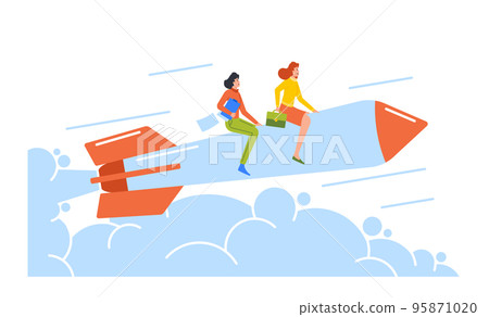 Launch Of Business Startup, Mission, Career Boost Concept. Team Of Entrepreneurs Flying Up On Rocket Achieving Goals 95871020