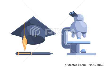 School Items Graduation Hat, Pen and Microscope Isolated on White Background. Educational Tools Vector Illustration 95871062