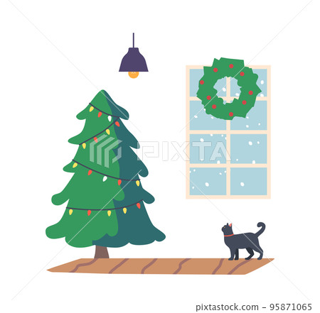 Living Room Interior Decorated For Christmas Holiday Celebration. Tree With Gifts Garlands, The House, Wreath On Window 95871065
