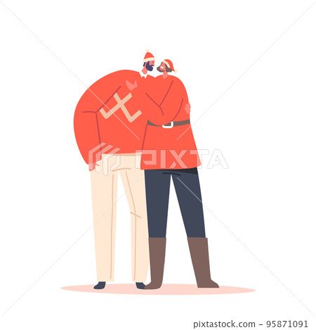 Loving Couple Wear Xmas Costumes and Santa Hats Cuddle Isolated on White Background. Male and Female Characters Hugging Loving Couple Wear Xmas Costumes and Santa Hats Cuddle Isolated on White Background. Male and Female Characters Hugging 95871091