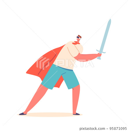 Male Character Wear Knight Cape Fighting with Sword in Cyber Space Isolated on White Background. Virtual Reality Games 95871095
