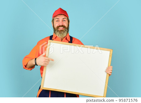 Services we offer. Housekeeping company. Mechanic perform technical work. Man worker hold chalkboard copy space. Electrician plumber handyman. Repairman worker. Construction worker. Fixing technics 95871576