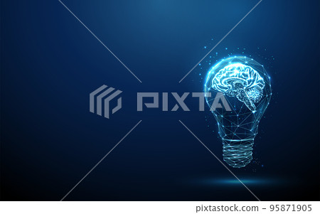 Abstract blue glowing light bulb with brains inside. 95871905