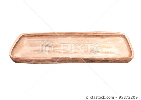 Empty wooden tray, plate from side view isolated on a white background. For displaying your food, products or decoration compositions. Watercolor illustration. Empty wooden tray, plate from side view isolated on a white background. For displaying your food, products or decoration compositions. Watercolor illustration. 95872209