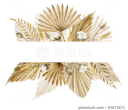 Watercolor frame with dried Palm Leaves in rustic style for Banner. Hand drawn illustration with cotton and branches in beige colors. Drawing for wedding invitations or greeting cards in boho style. Watercolor frame with dried Palm Leaves in rustic style for Banner. Hand drawn illustration with cotton and branches in beige colors. Drawing for wedding invitations or greeting cards in boho style. 95872671