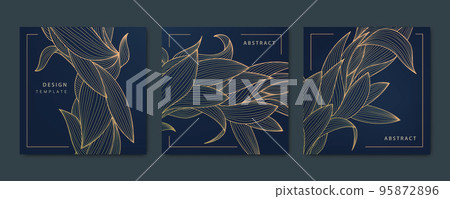 Vector set of abstract luxury golden square cards, post templates for social net, leaves botanical modern, art deco wallpaper background. Pattern, texture for print, fabric, packaging design 95872896