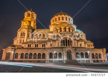 St Alexander Nevski Cathedral in Sofia illuminated at night, Bulgaria 95873727