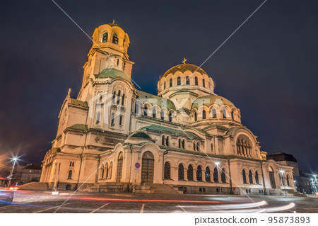 St Alexander Nevski Cathedral in Sofia illuminated at night, Bulgaria 95873893