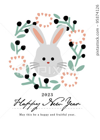 Scandinavian illustration of flowers and rabbit New Year's card design Scandinavian illustration of flowers and rabbit New Year's card design 95874126