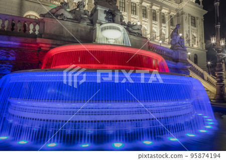 Blurred fountain waters with Czech flag colors in Wenceslas Square, Prague Blurred fountain waters with Czech flag colors in Wenceslas Square, Prague 95874194
