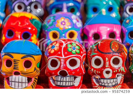 Skull Ceramic Handicraft, calaveras pattern in a row, Day of the Dead, Mexico 95874259