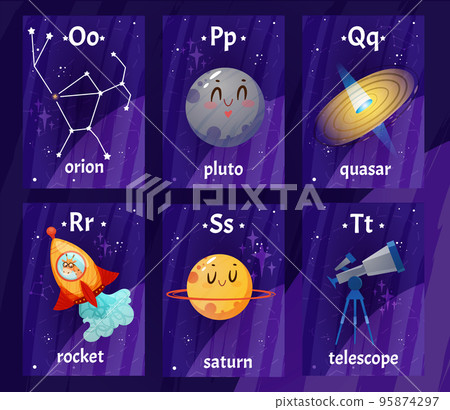 Flat alphabet flashcards with letters, words from O to T for children education 95874297