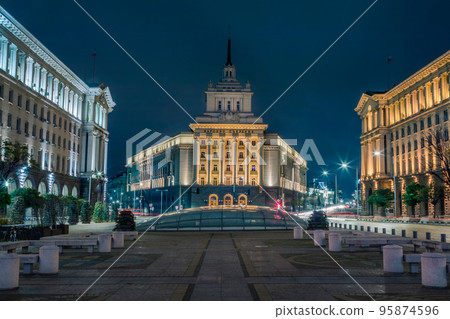 Largo ensemble, National Assembly and city lights at night, Sofia, Bulgaria 95874596