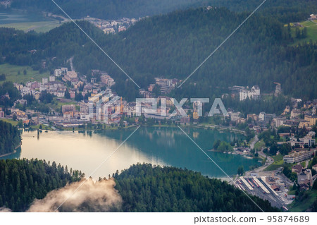 Engadine above Lake of St Moritz cityscape from Muottas Muragl, Switzerland Engadine above Lake of St Moritz cityscape from Muottas Muragl, Switzerland 95874689