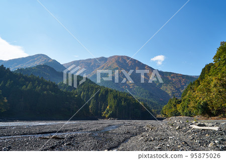 Autumn leaves upstream of the Oshiro River Sabo Dam, Yamanashi Prefecture 95875026