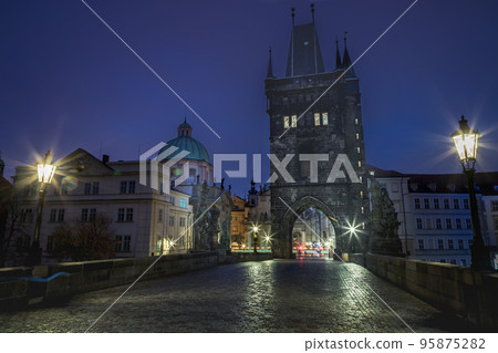 Charles bridge illuminated at night, Medieval Prague, Czech Republic 95875282