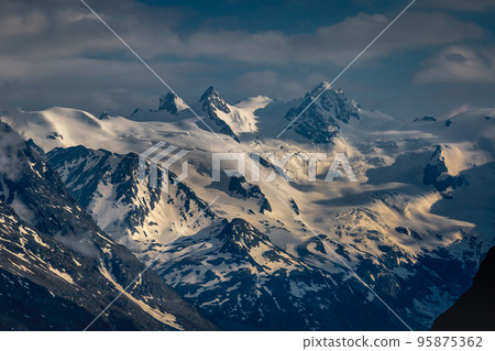View of Morteratsch and snowcapped mountains, Bernina massif in Switzerland 95875362